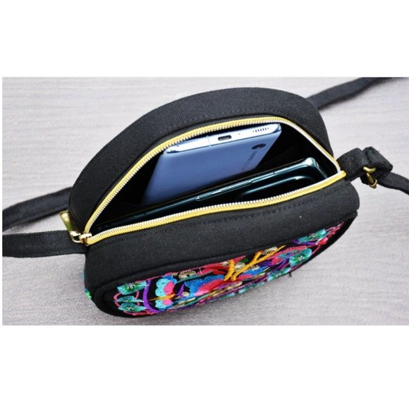 Embroidered Round Shoulder Bag Bright Multi Color Floral bag adjustable strap - Picture 4 of 5